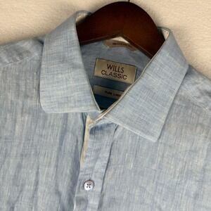 Wills 100% Linen Shirt Mens 15 3/4 Huckberry Blue Long Sleeve Button Up‎